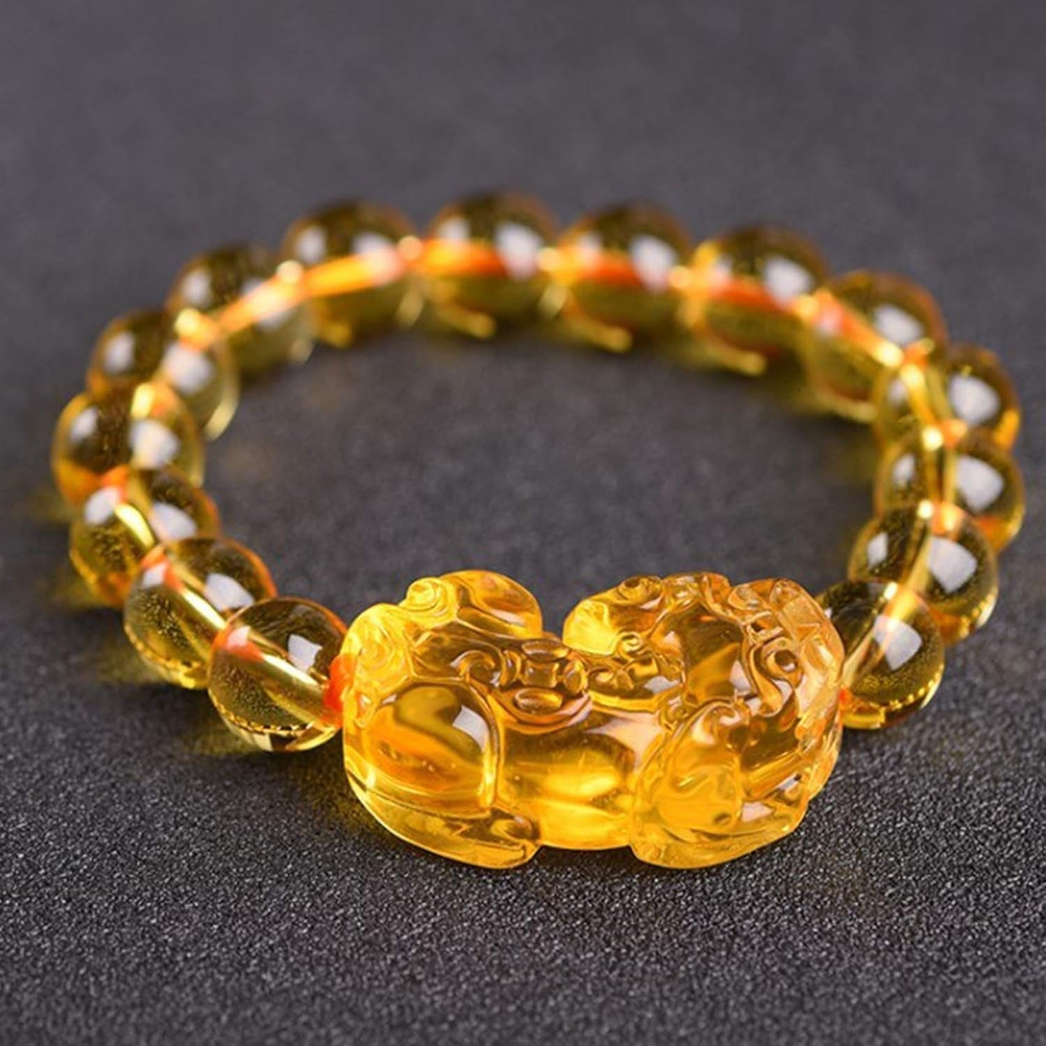 Feng Shui Yellow Quartz Pixiu Pi Yao Bracelet Wealth Crystal Bracelet Attracts Wealth Yellow Bracelet Ward off Evil Spirits Couple Bracelet Amulet,12Mm