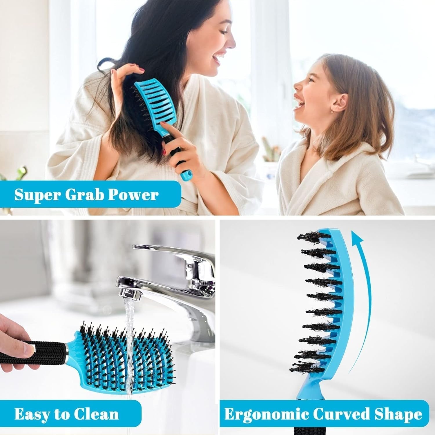 Boar Bristle Hair Brush 2 Pack,  Wet & Dry No Pull Curved Vented Hair Brush, Styling Voremy Magical Brush Detangler for Kids & Men, Hairbrush for Women Can Adds Shine & Smooth Curly Thick Hair