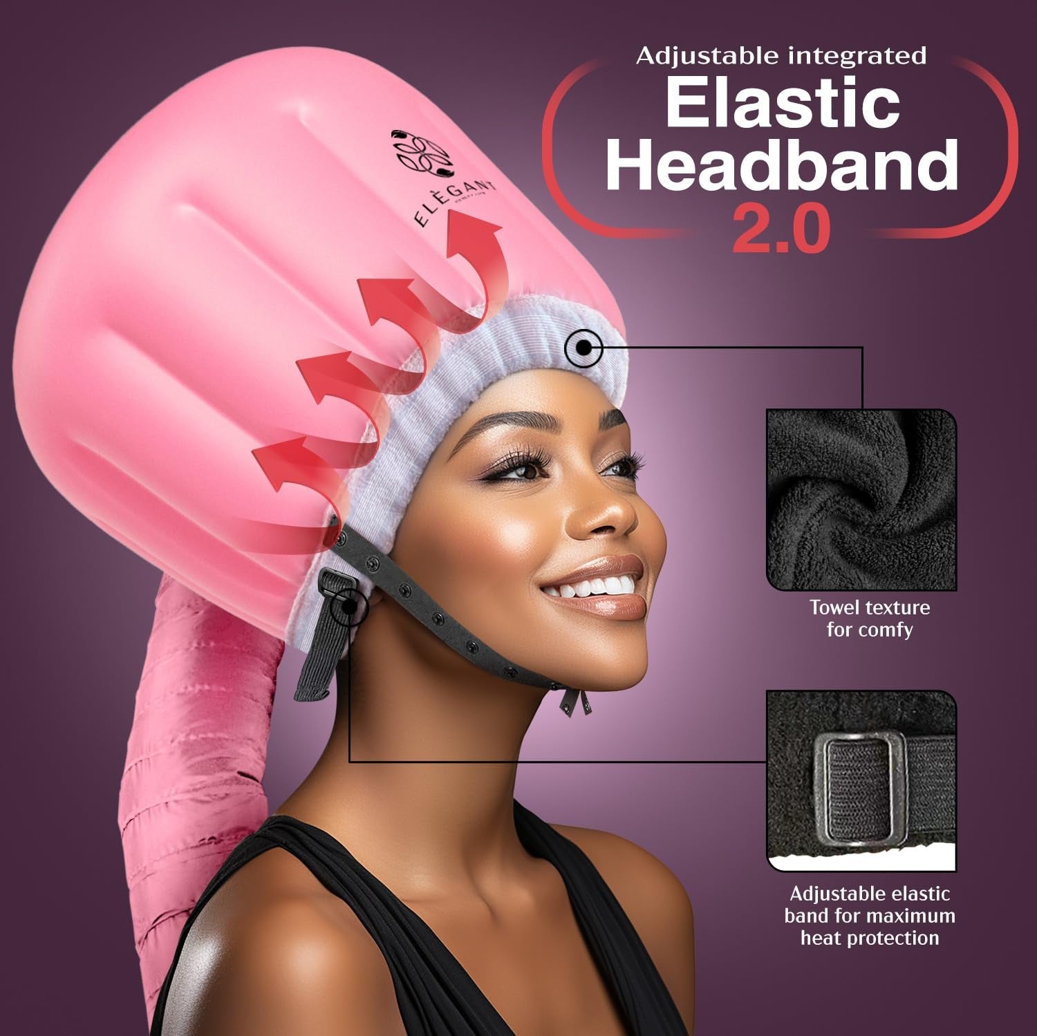 Bonnet Hairdryer Attachment - Integrated Elastic Headband That Reduces Heat around Ears & Neck - Hooded Hair Dryer Diffuser Cap - Easy to Use for Deep Conditioning and Fast Hair Drying (Rose Gold)