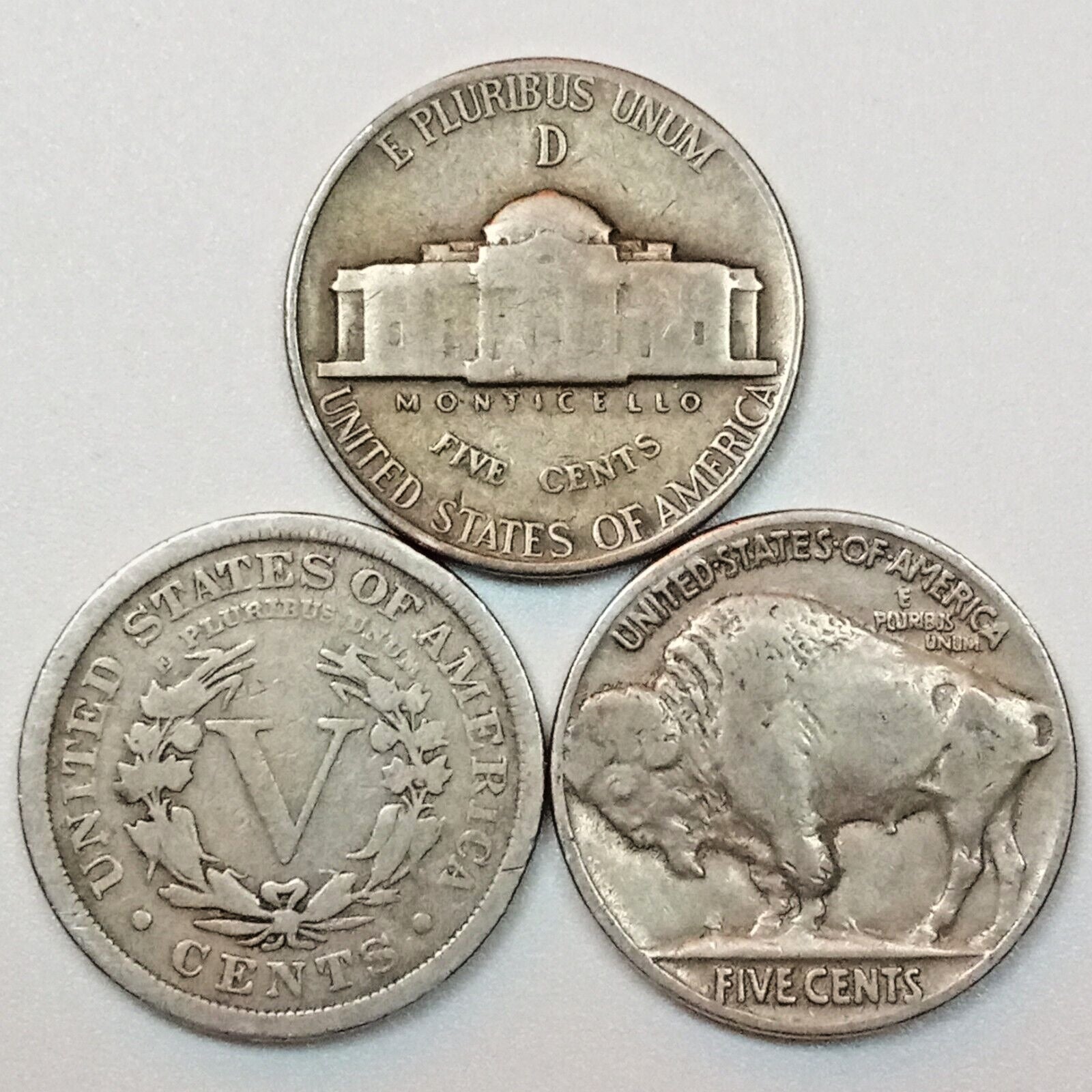US COINS- Silver WW2 Nickel, Liberty Nickel, Buffalo Nickel- 3 Coin Set- NO JUNK