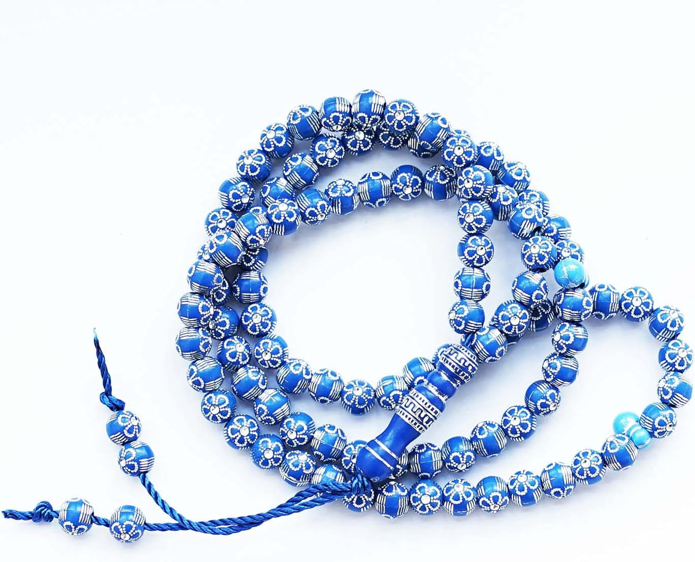 Blue 8Mm Acrylic Islamic Prayer Beads Necklace for Muslims (Unisex, 99 Beads, Silver, 24.5')