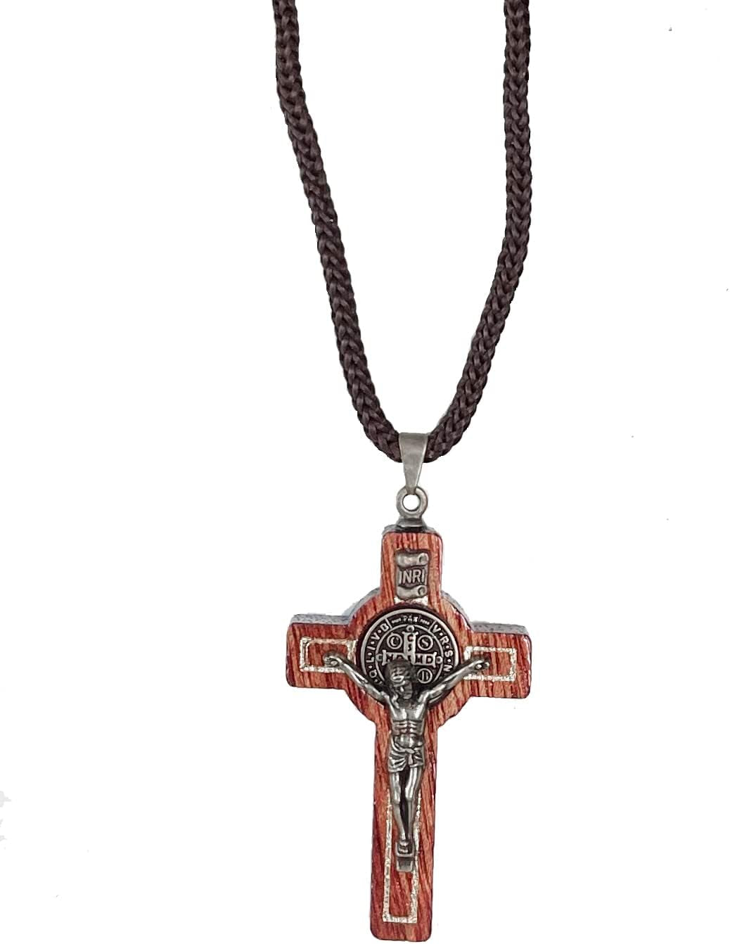 Saint Benedict Medal Wood Crucifix Cord Necklace for Men & Women – Handcrafted Religious Pendant, Healing, Travel Protection, Perfect for Gifting on Special Occasions, Made in Brazil
