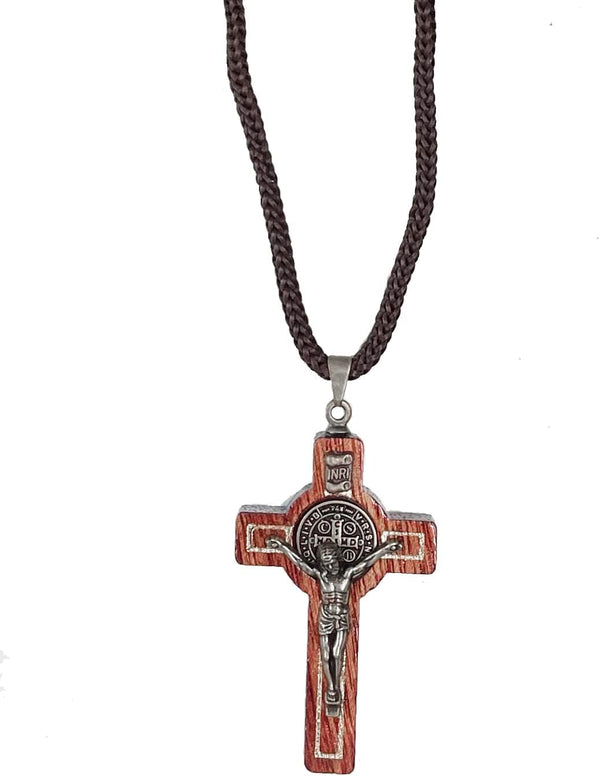 Saint Benedict Medal Wood Crucifix Cord Necklace for Men & Women – Handcrafted Religious Pendant, Healing, Travel Protection, Perfect for Gifting on Special Occasions, Made in Brazil