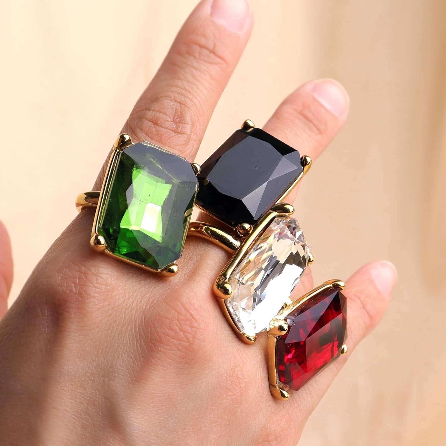 Gold Exaggerated Emerald CZ Crystal Rings for Women, Statement Costume Jewelry Gift