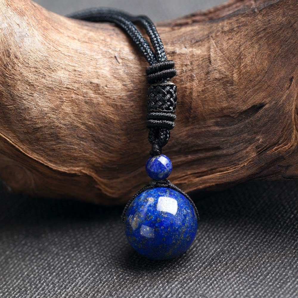 Unisex Genuine round Beads Gemstone Pendant Necklace Black Rope Chain 24 Inch for Men Women
