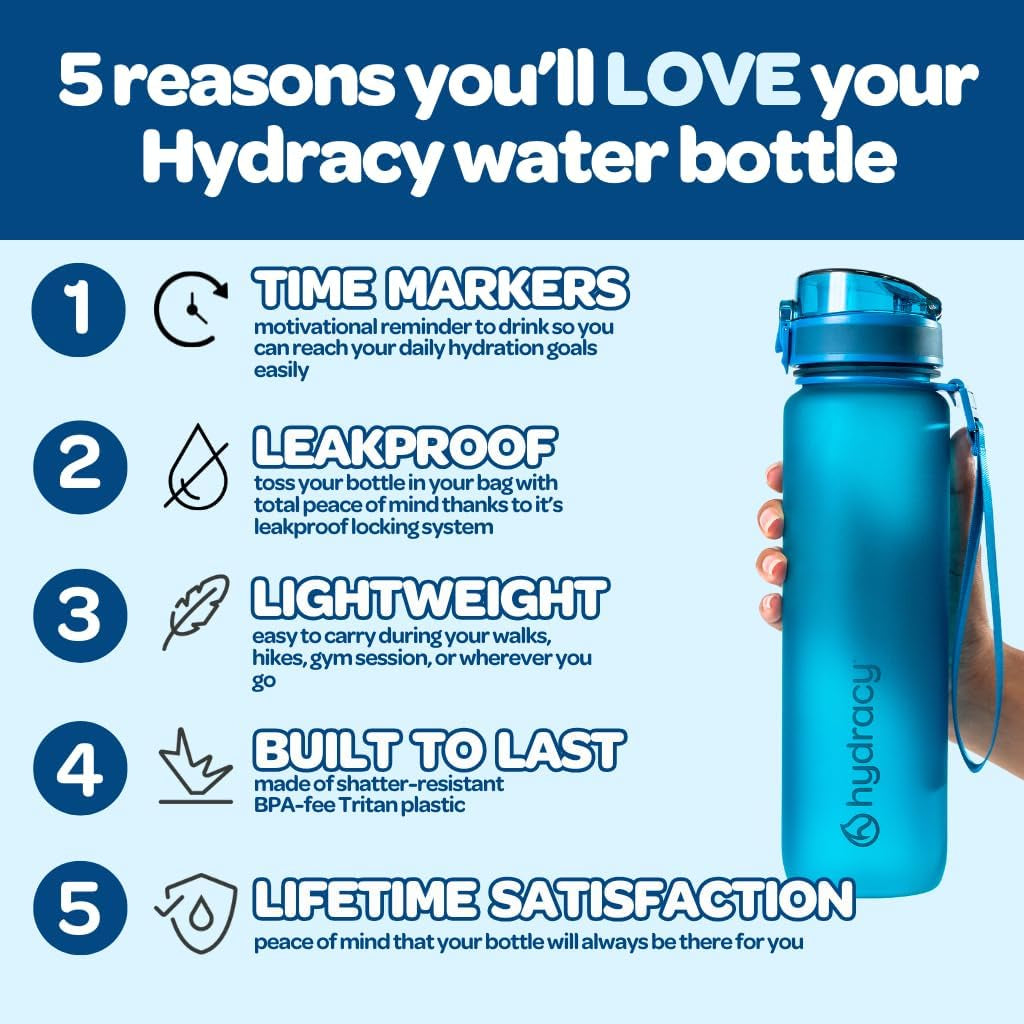 Water Bottle with Time Marker -Large BPA Free Water Bottle & No Sweat Sleeve -Leak Proof Gym Bottle with Fruit Infuser Strainer & Times to Drink -Ideal for Fitness Sports & Outdoors