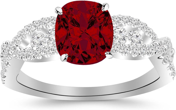 1.6 Carat Designer Twisting Eternity Channel Set Four Prong Diamond Engagement Ring 14K Gold with a 1 Carat Cushion Cut AAA Quality Ruby (Heirloom Quality)