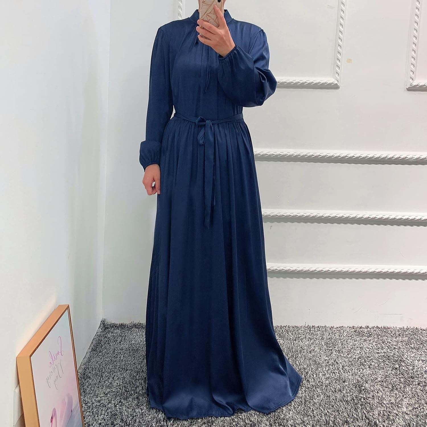 Women'S Muslim Kaftan Abaya Prayer Dress Long Sleeve Self Tie Maxi Dress Middle East Arabian Robe Gown