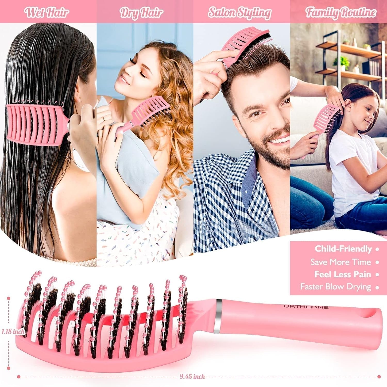 Hair Brush, Detangling Hairbrush Boar Bristle Curved Vented Hair Brush for Women Men Kids Curly Thick Long Short Wet or Dry Hair, Faster Blow Drying(2Pack, Black&Pink)