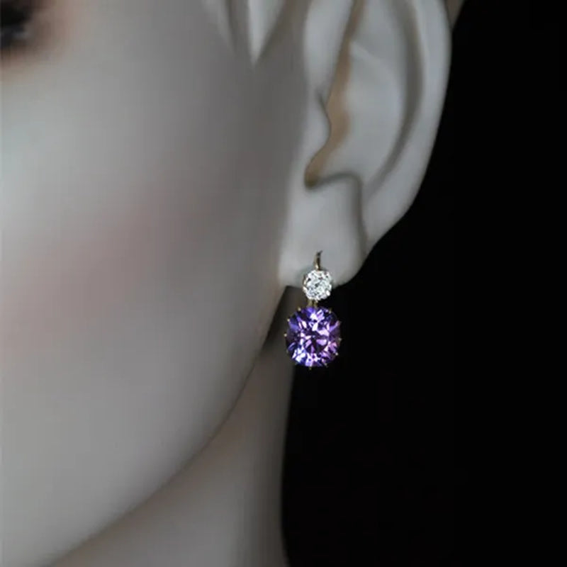 Women Charming Round Cut Amethyst Crystal Dangle Earrings Female Party Wedding Engagement Anniversary Gift Jewelry