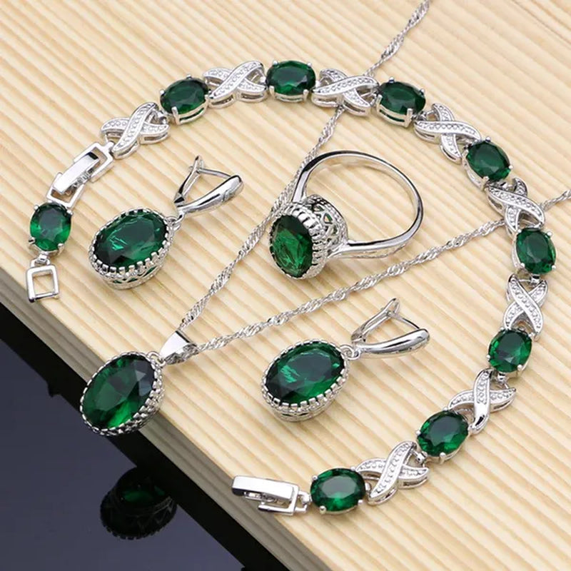 Natural 925 Sterling Silver Jewelry Green Emerald Jewelry Sets Wedding Women Earrings/Pendant/Necklace/Ring/Bracelets