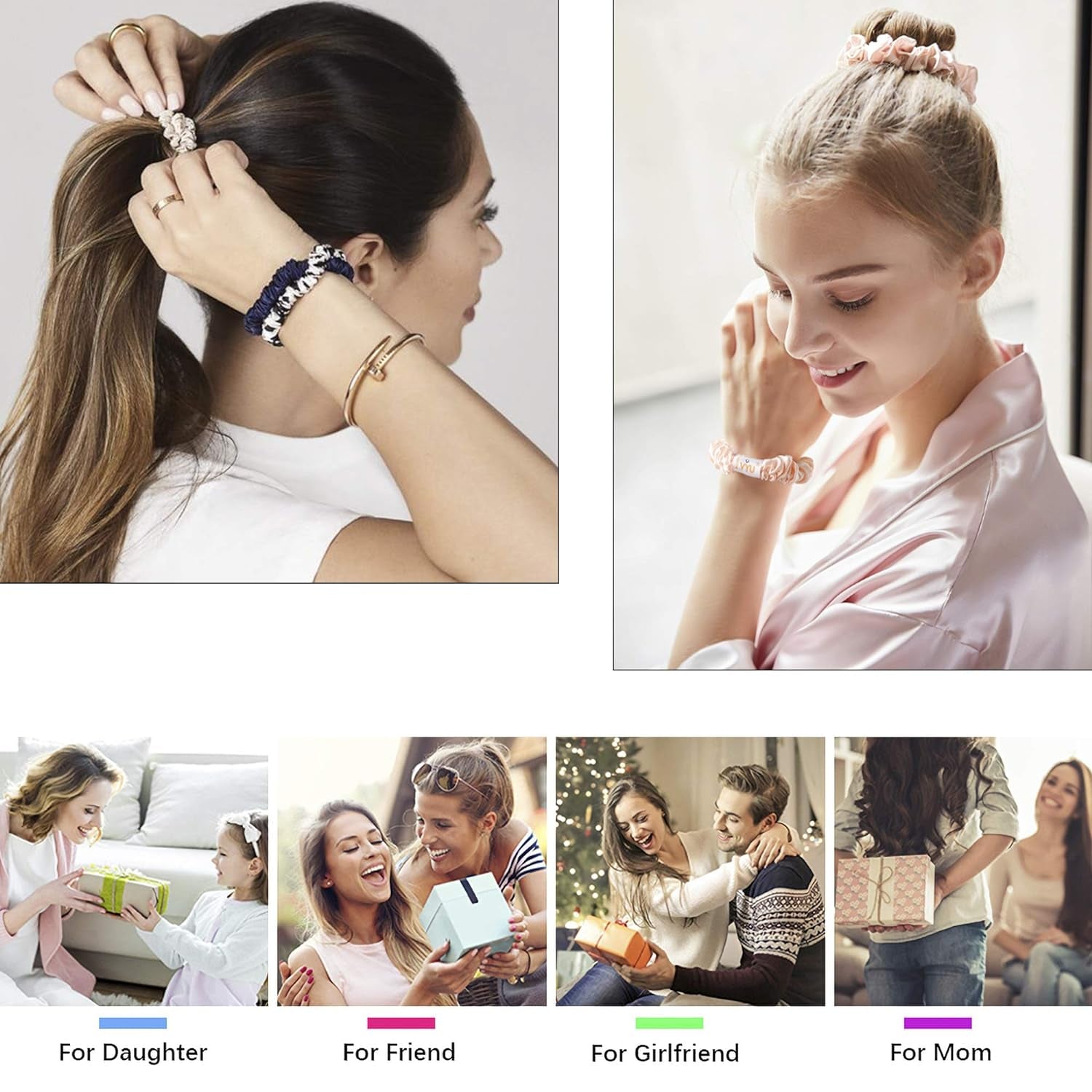 Scrunchies Silk Satin Hair Ties - Small Mini Thin Elestics Ponytail Holder Hair Bands Skinny Scrunchy for Thick Curl Hair No Crease Hair Ties Soft Accessories No Hurt Your Hair for Women and Girls