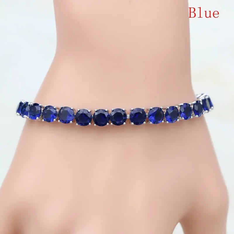 925 Sterling Silver Jewelry Black Sapphire White Topaz round Link Chain Bracelet 7 Inch for Women Wedding Free Gift Box
