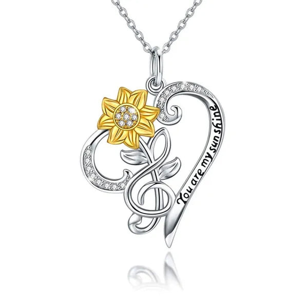 Sunflower Necklace 925 Sterling Silver - You are My Sunshine Sunflower CZ Heart Pendant Necklace Infinity Musical Note Flower Jewelry Gift for Women Lover Friends