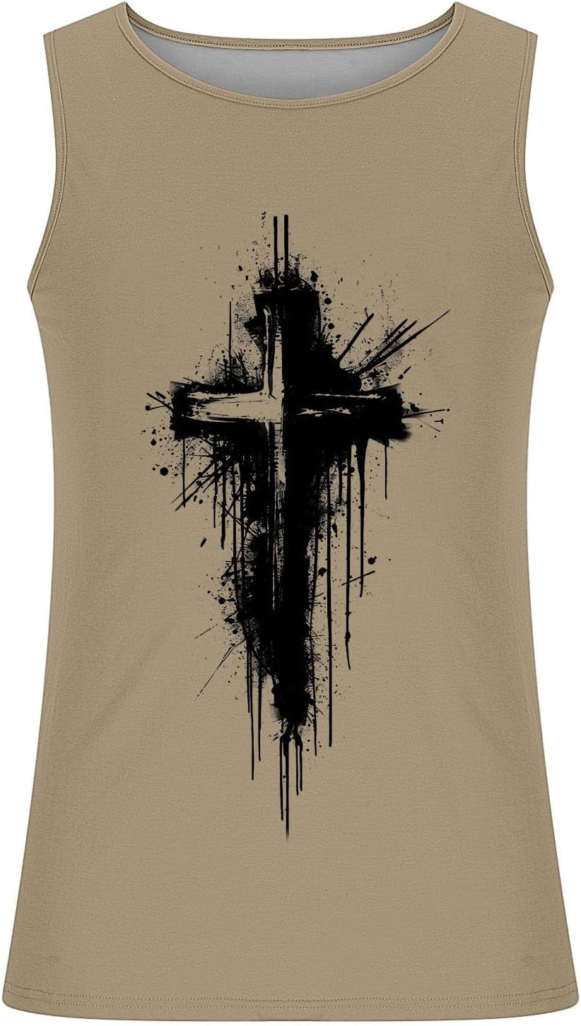 Mens Jesus Sleeveless T-Shirts Muscle Fit Tank Top Faith Christian Cross Bible Graphic Shirts Gym Workout Shirt Tee