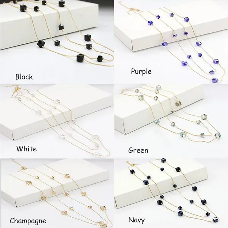 Women's Square Long Chain Sweater Necklace Fashion Double Long Tassel Necklace