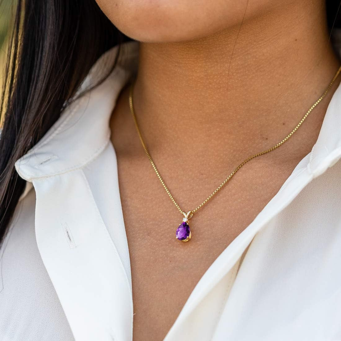 Solid 14K Yellow Gold Amethyst with Diamond Pendant for Women, Genuine Gemstone Teardrop Solitaire, 1.60 Carats Total, Pear Shape, 10X7Mm, Real Amethyst Necklace, February Birthstone Necklace