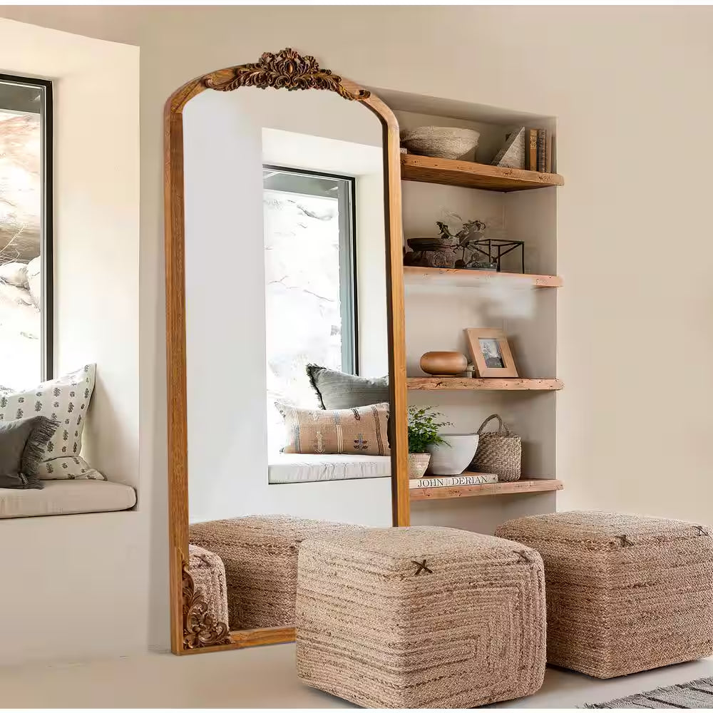 30 In. W X 69 In. H Rustic Arched Solid Wood Framed DIY Carved Full Length Mirror