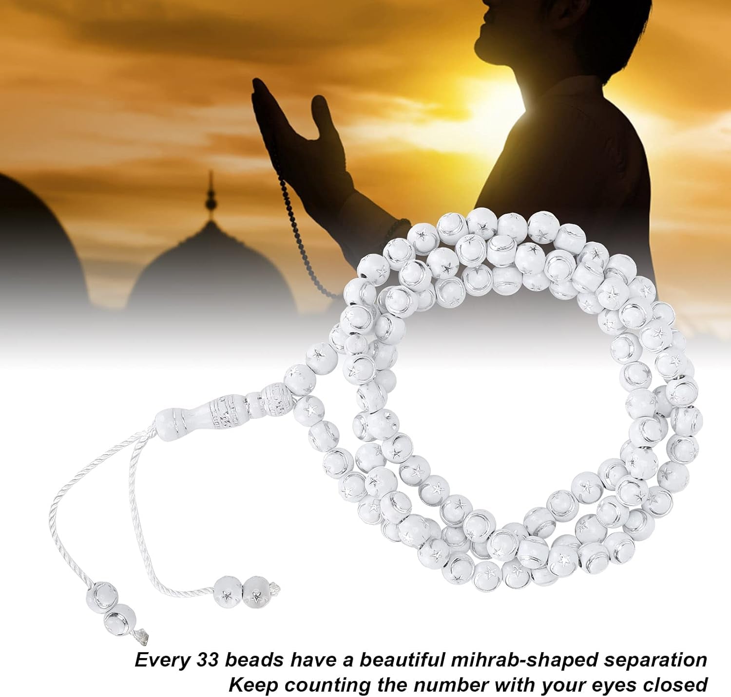 Islamic Prayer Beads, Muslim Rosary Beads 99 Grains Resin Gilding Religious Article Islam Prayer Rosary Beads Islamic Necklaces (White)