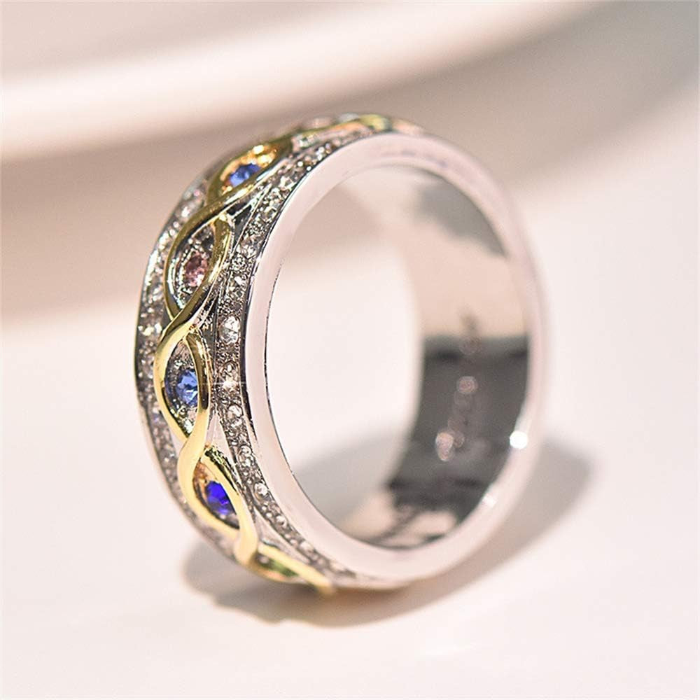 Fashion 18K Gold Ruby Sapphire Ring 925 Sterling Silver Shiny Full Diamond Ring Cubic Zirconia Promise Rings CZ Diamond Multi Row Ring Eternity Engagement Wedding Band Ring for Women