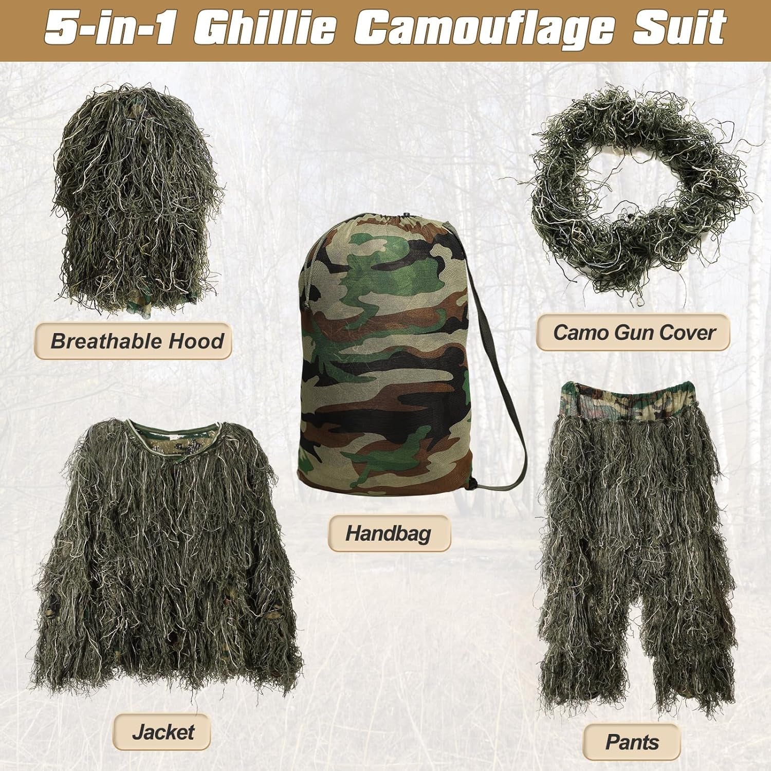 5 in 1 Ghillie Suit, 3D Camouflage Hunting Apparel W/Jacket, Pants, Hood, Carry Bag for Adults/Youth, S/M/L/XL/XXL