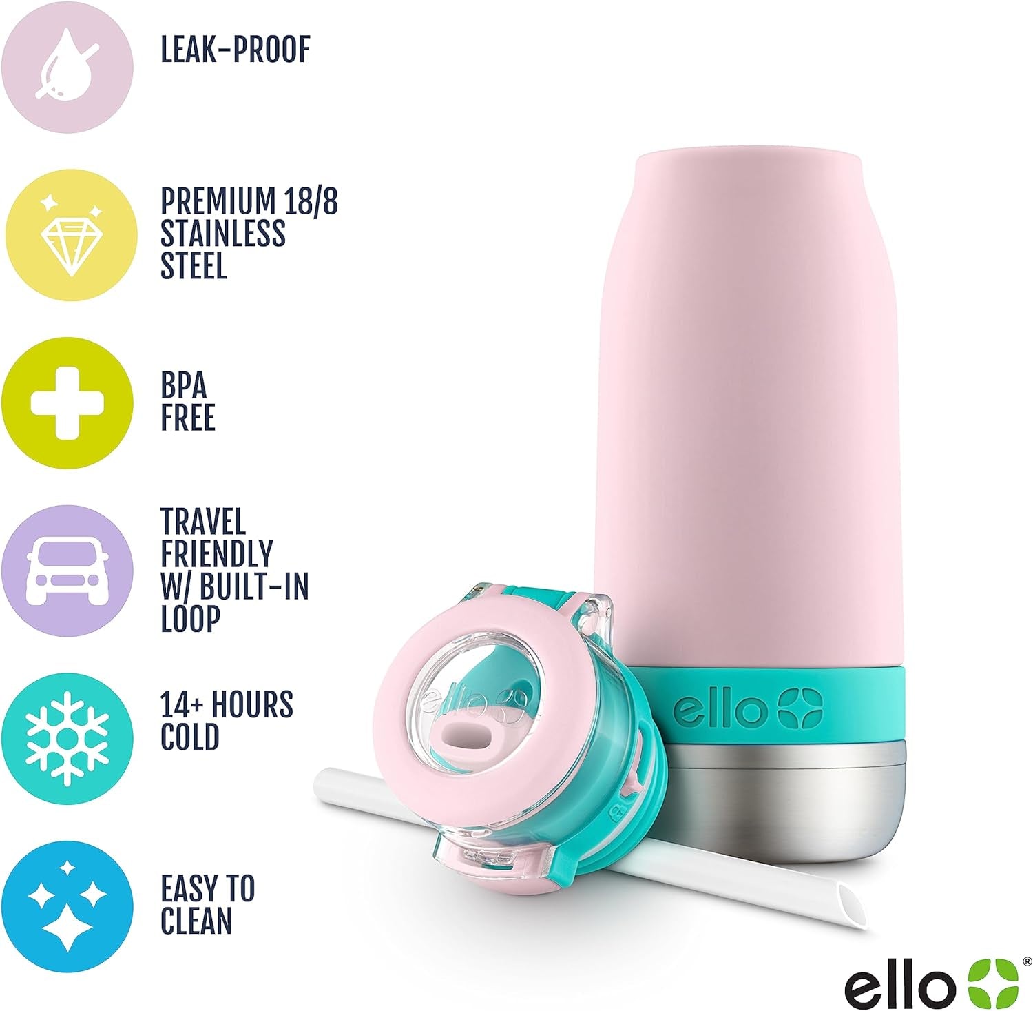 Emma 14Oz Vacuum Insulated Stainless Steel Kids Water Bottle with Straw and Built-In Carrying Handle and Leak-Proof Locking Lid for School Backpack, Lunchbox and Outdoor Sports
