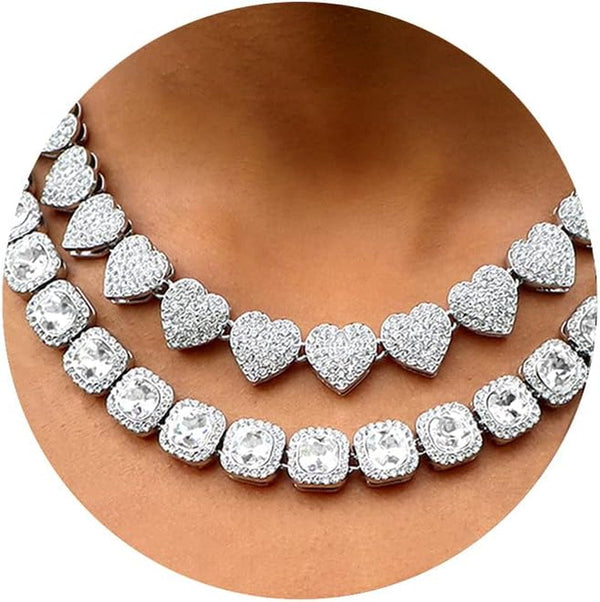 Women'S 18+20'' Zinc Necklace, Clustered Diamond Tennis Chain & Heart Necklace Set, Hip Hop Jewelry, Gold, Cuban Link, for Female, Gifts