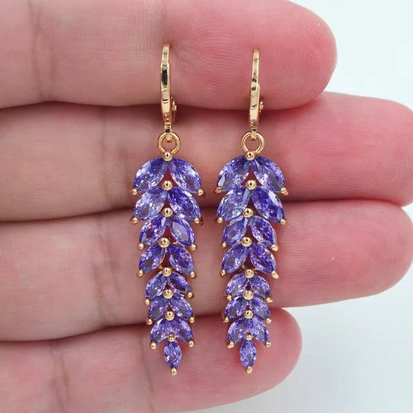 Women Fashion Luxury Purple Cubic Zirconia CZ Leaf Dangle Engagement Earrings Jewelry