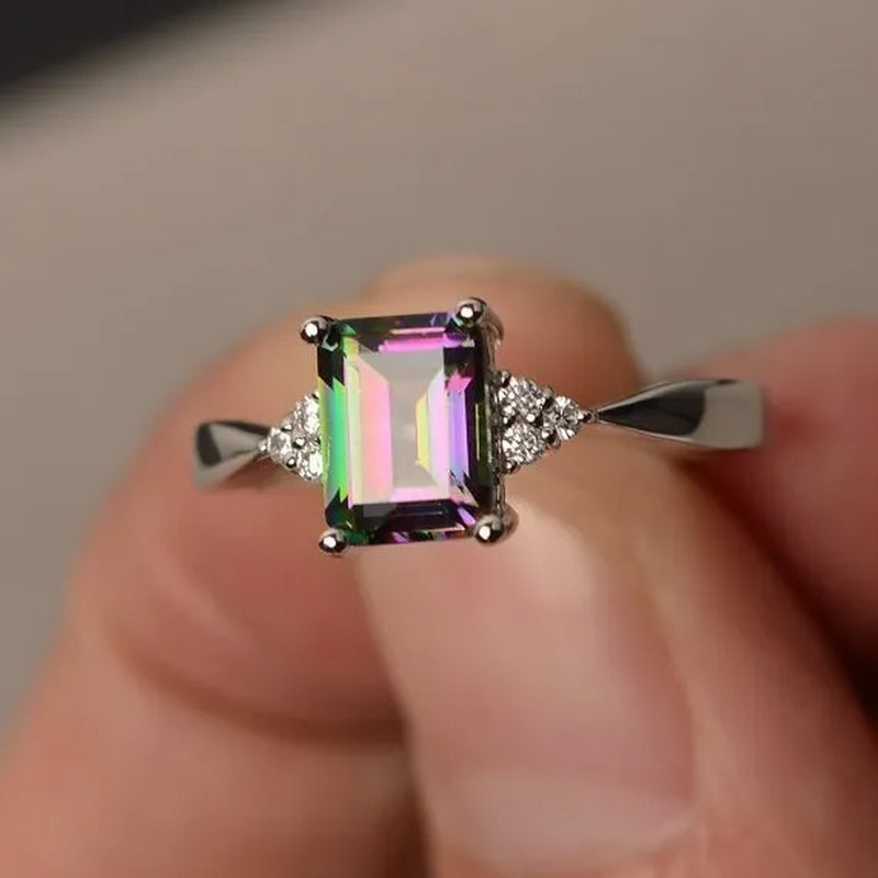 Exquisite Women'S 925 Sterling Silver Ring Princess Cut Mystic Rainbow Topaz Engagement Diamond Jewelry Christmas Birthday Proposal Gift Halloween Party Wedding Band Rings Size 6 - 10