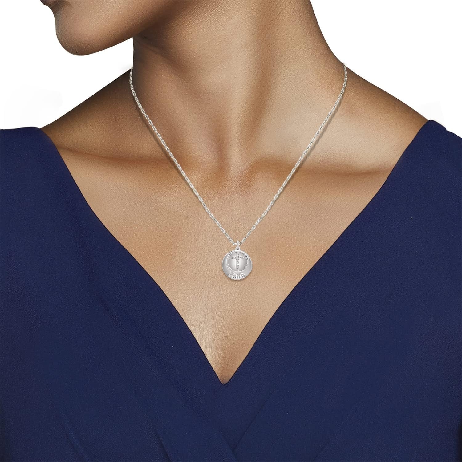Sterling Silver round Natural White Diamonds Faith Beaded Message Cross Pendant Necklace, 18" Rope Chain