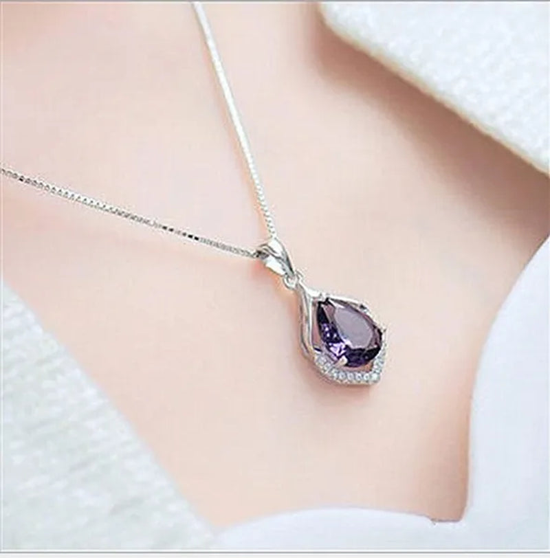 Fashionable and Noble 925 Pure Silver Diamond Lady Necklace Long Pendant Elegant Natural Amethyst Clavicle Chain