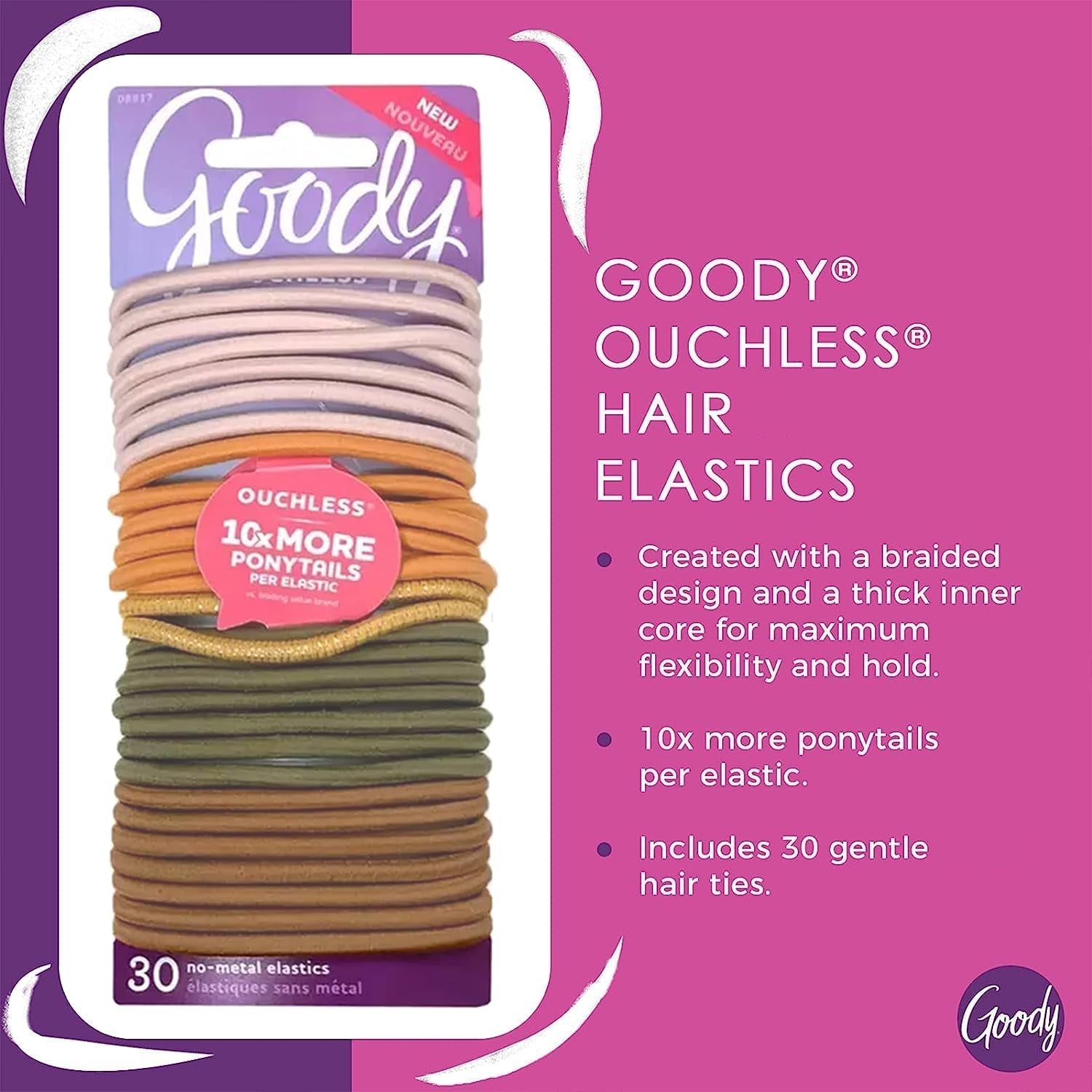 Womens Ouchless Braided Elastics Ties - 30 Count, Primal Neutrals - 4MM for Medium Hair - Pain-Free Hair Accessories for Women Perfect for Long Lasting Braids, Ponytails and More