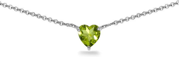 Birthstone Necklace for Women - Genuine or Synthetic Gemstone, 7Mm Heart Solitaire, Short Dainty Layered Choker, Silver