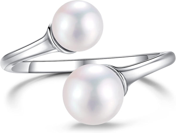 2 Pearl Ring Sterling Silver Double Pearls Rings for Women 925 Adjustable Open June Birthstone Rings for Teen Girls with Real round Genuine Freshwater Cultured Stackable
