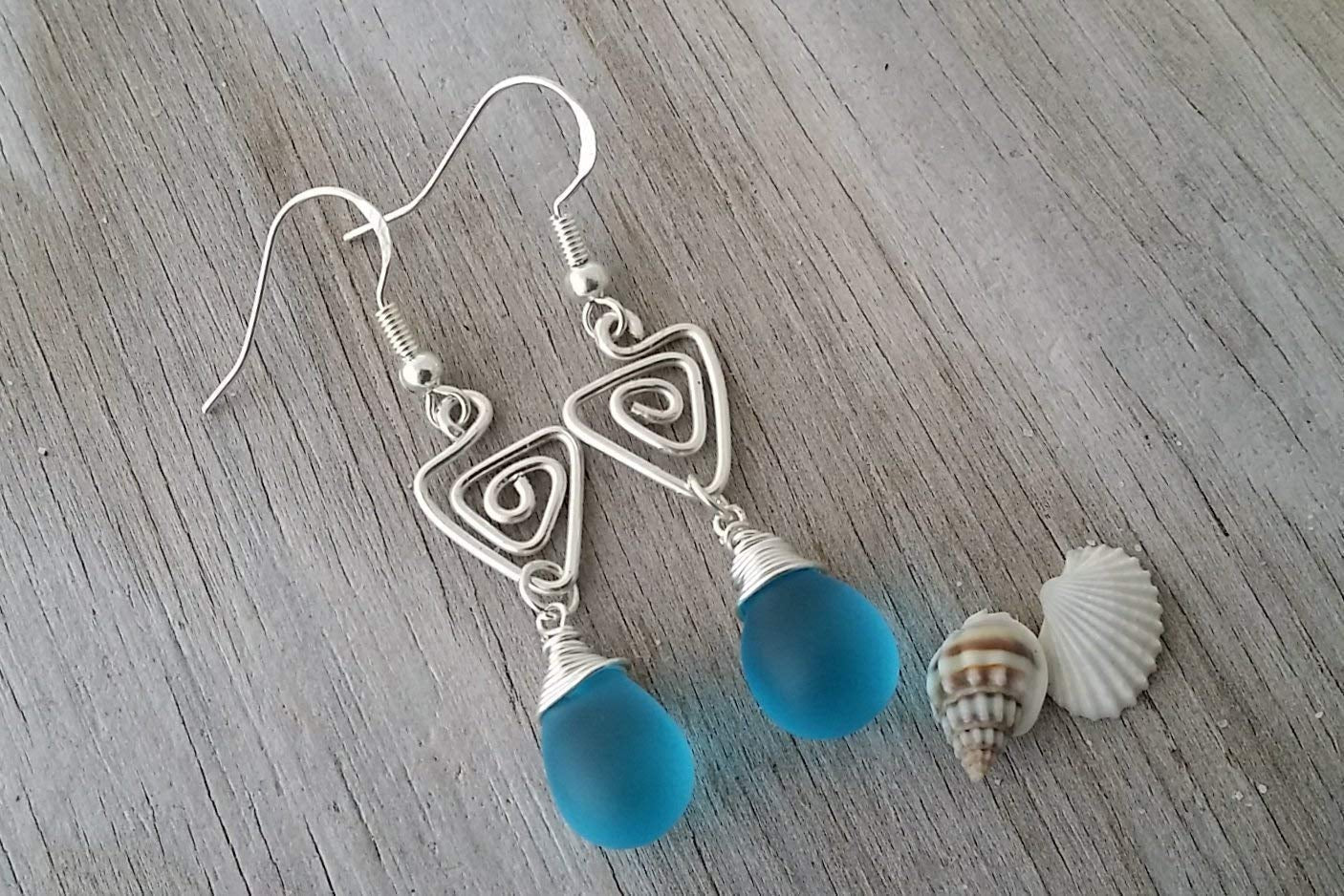 Handmade Sea Glass Earrings, Hawaiian Jewelry, Wire Turquoise Earrings Blue Earrings Teardrop Earrings, Sea Glass Jewelry for Women Birthday Gift for Her (December Birthstone Jewerly)