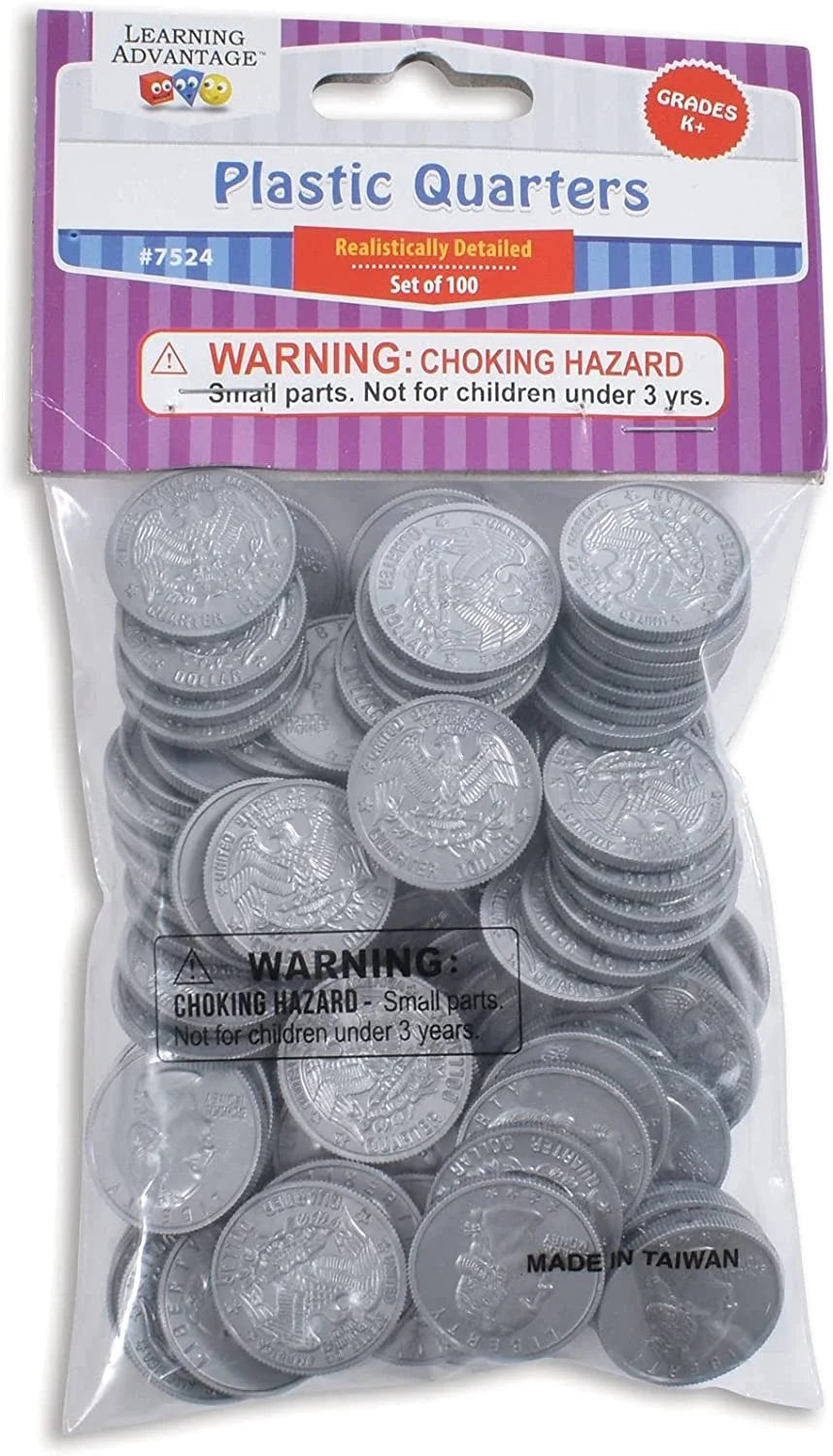 Play Quarters - Set of 100 Plastic Coins - Designed and Sized like Real US Currency - Teach Money Math with This Pretend Play Resource Master Coins