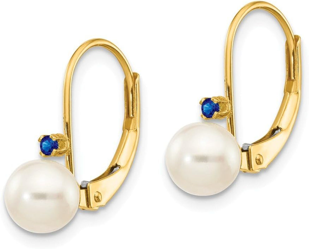 14K Yellow Gold 5-5.5Mm White round FW Cultured Pearl Sapphire Leverback Earrings