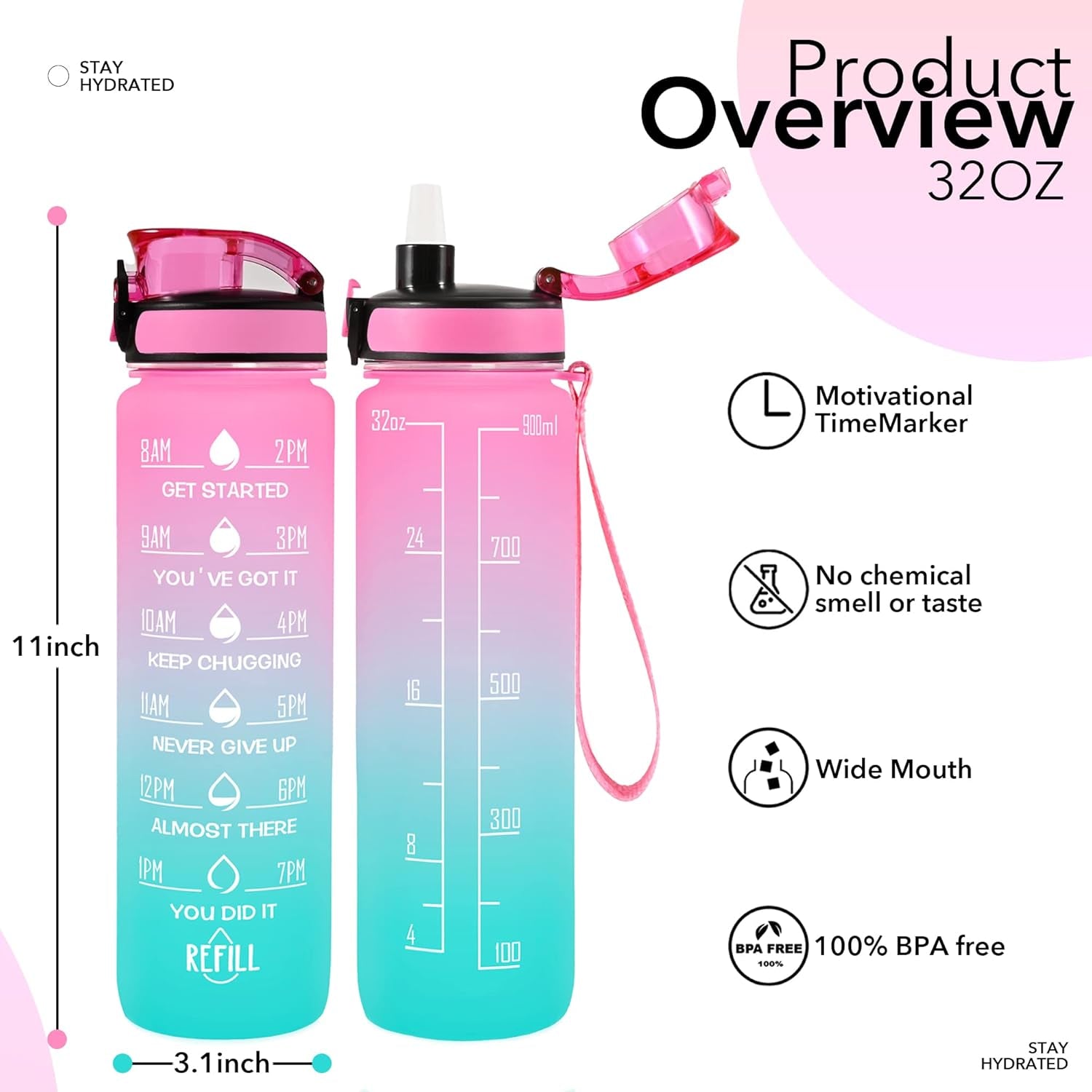 32 Oz Water Bottles with Straw & Strap, Motivational Water Bottles with Times to Drink, BPA Free Reusable Sports Water Bottle with Sleeve Carrier for Hiking, Travel, Running or Fitness