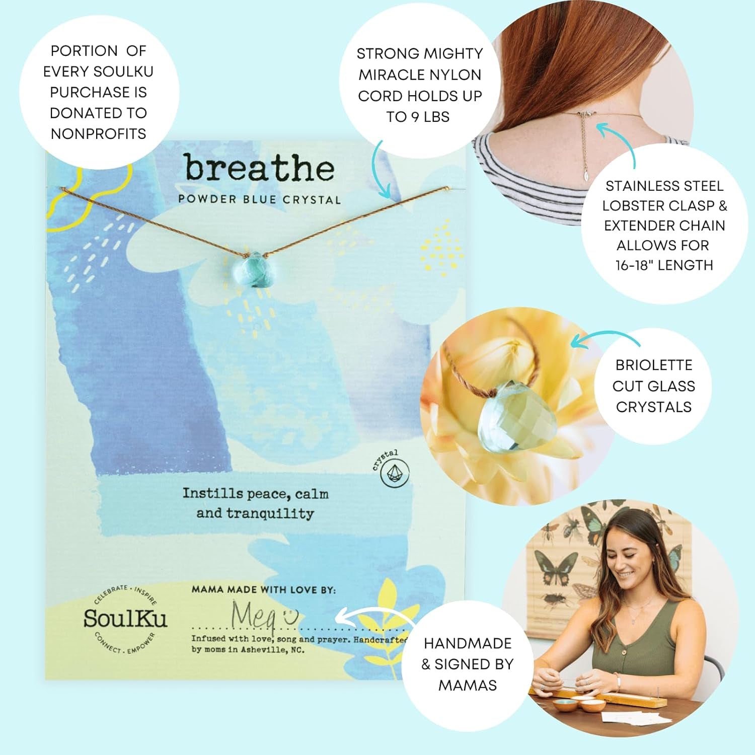 Soul Shine Handmade Necklace, Empowering Jewelry with Healing Crystal, Inspirational Gift for Woman or Girl, 2" Extender with Lobster Clasp, 16" Nylon Cord (Powder Blue, Breathe)