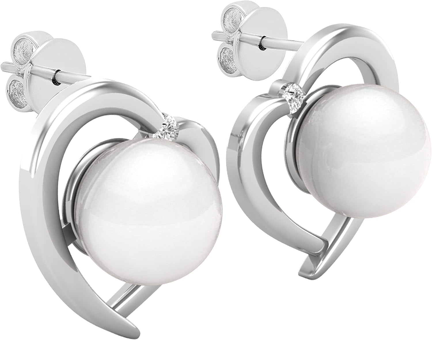 8Mm Each round White Freshwater Pearl & White Diamond Womens Heart Stud Earrings, Available in 10K/14K/18K Solid Gold & 925 Sterling Silver