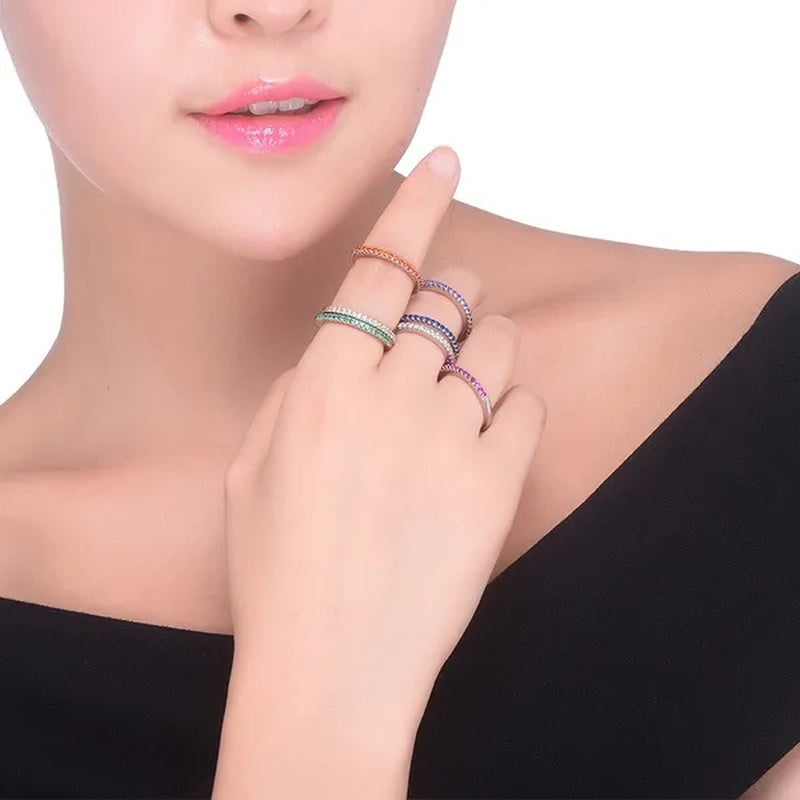 CANDICE Simple Sterling Silver Plated Eterity Wedding Ring Pave Natural Rose Red Green Blue Cubic Zirconia Stackable Rings Fashion Jewelry for Women Engagement Gift（Us SIZE 6-9）