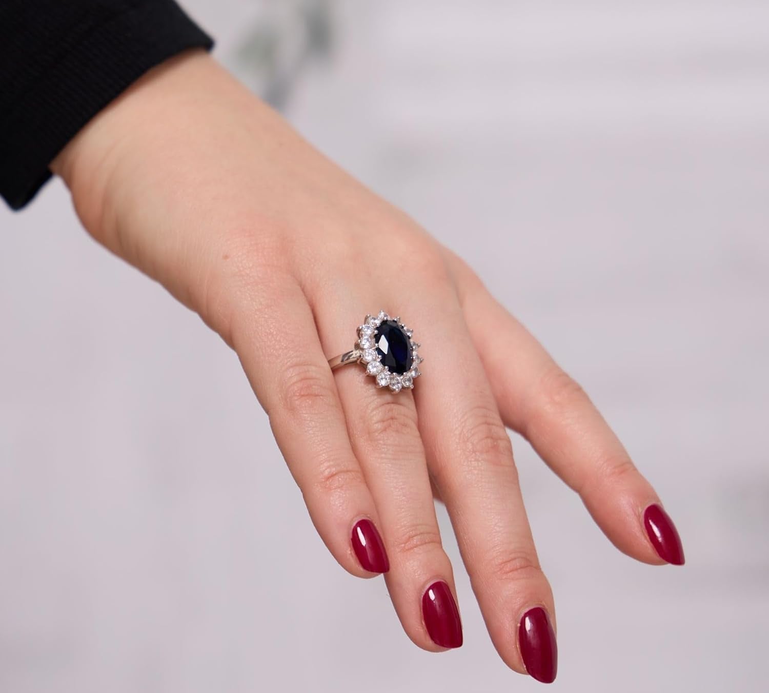 Sterling Silver Large Oval Created Blue Sapphire and Clear Cubic Zirconia Statement Bridal Engagement Princess Diana/Kate Middleton Royal Ring