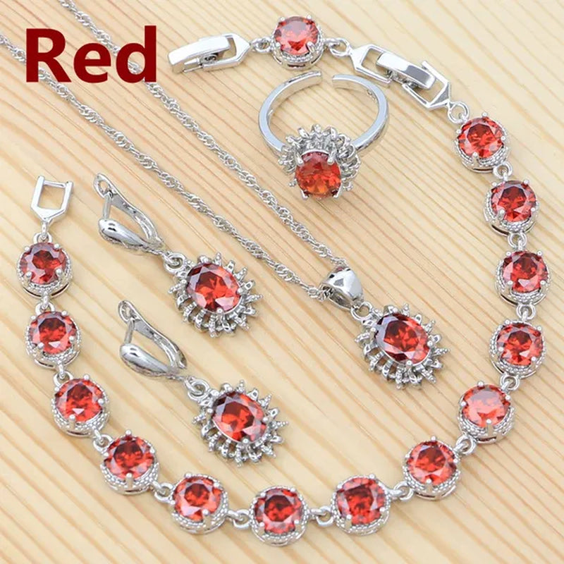 Natural Green Cubic Zirconia 925 Sterling Silver Jewelry Sets for Women Engagement Earrings Ring Pendant Necklace Set