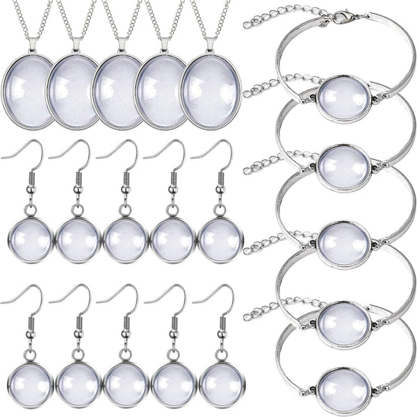 40Pcs Pendant Trays Set, Including 5Pcs Pendant Trays Necklace, 5Pcs Bracelet Bezel Settings, 10Pcs Glass Cabochons Earrings, 20Pcs Glass Dome Cabochon for DIY Jewelry Making