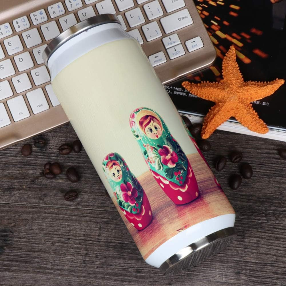 Insulated Tumbler Mug, Matryoshka Russian Artist Stainless Steel Non-Spill Water Cup Bottle with Lid and Straw for Coffee Drinks, Travel, Office, 400Ml/7.3X2.8 Inch