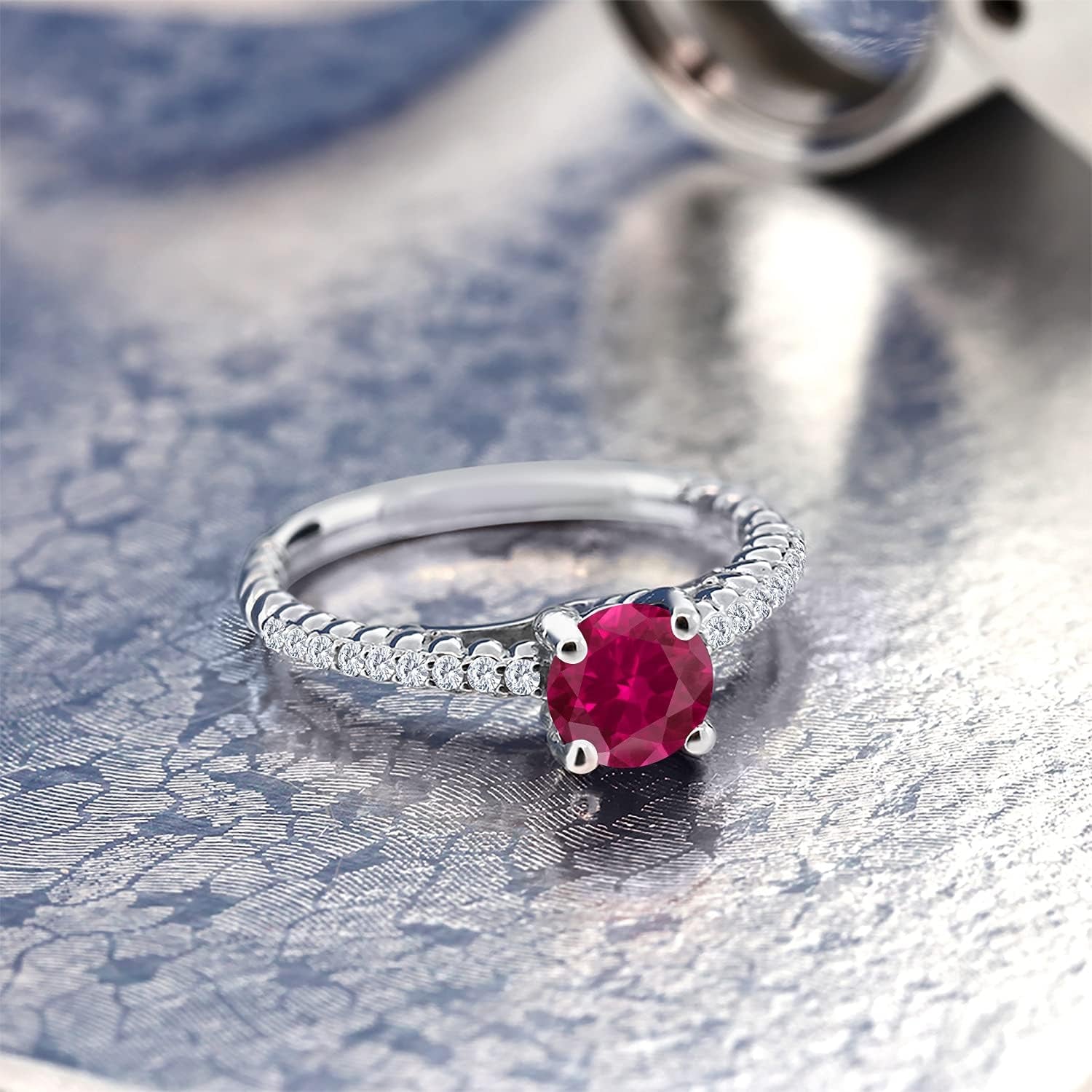 925 Sterling Silver Red Created Ruby and White Moissanite Engagement Ring for Women (1.73 Cttw, round 7MM, Available in Size 5, 6, 7, 8, 9)
