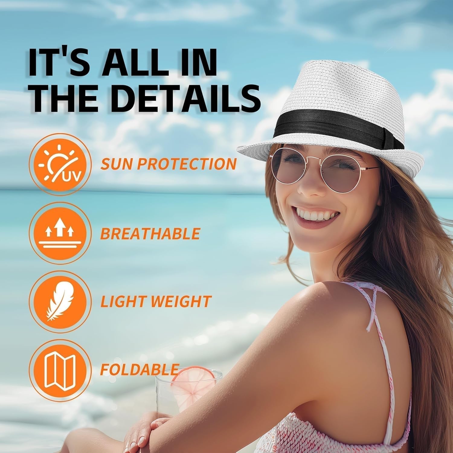 Straw Fedora Hat for Women Men Packable Short Brim Roll up Trilby Hat Panama Summer Beach Sun Hat UPF 50+