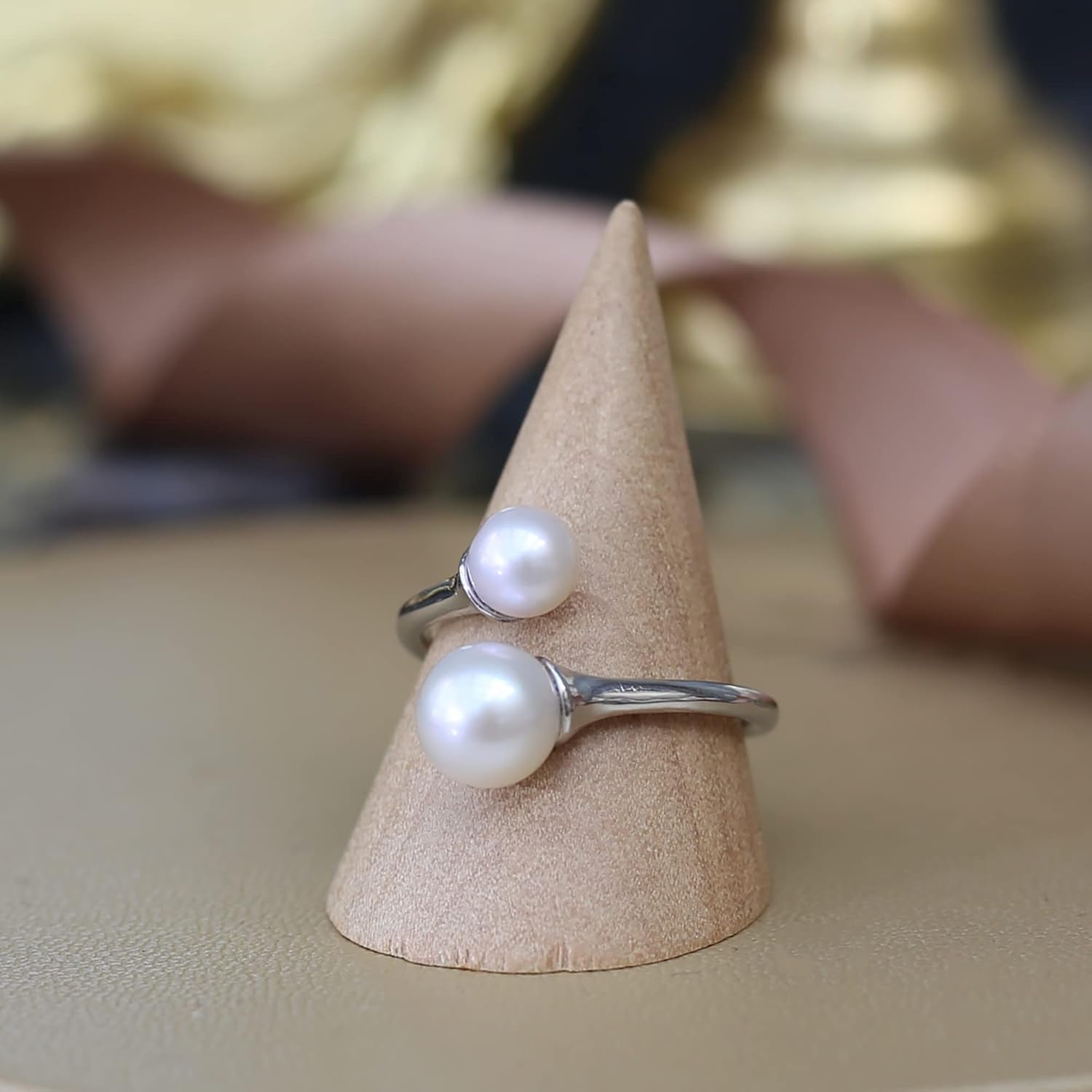 2 Pearl Ring Sterling Silver Double Pearls Rings for Women 925 Adjustable Open June Birthstone Rings for Teen Girls with Real round Genuine Freshwater Cultured Stackable