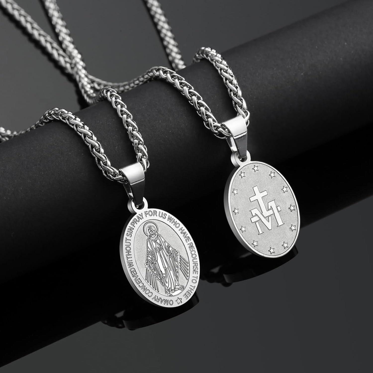 Virgin Mary Necklace for Men Boys Miraculous Medal Stainless Steel Mary Mother of God Pendant De La Virgen Maria Medallion Holy Mary Charm