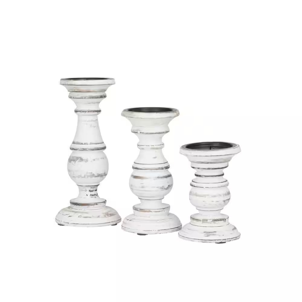 White Mango Wood Turned Style Pillar Candle Holder (Set of 3)